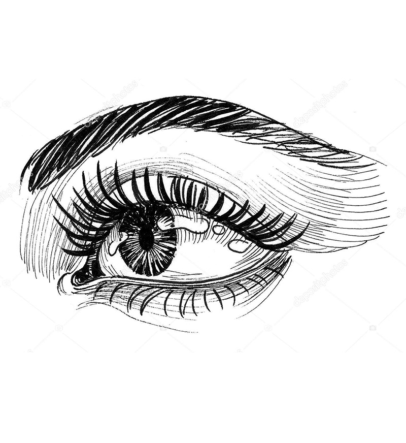 Ink sketch of a detailed human eye with long lashes and a bold eyebrow, conveying an expressive gaze. Black and white lines create depth and texture.