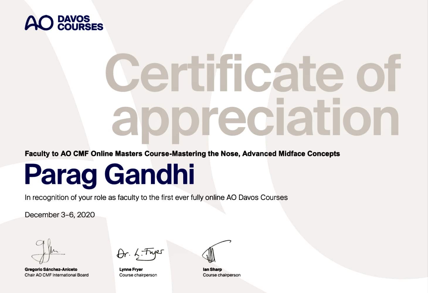 Certificate of appreciation awarded to Parag Gandhi for faculty role in the AO CMF Online Masters Course, December 3-6, 2020.