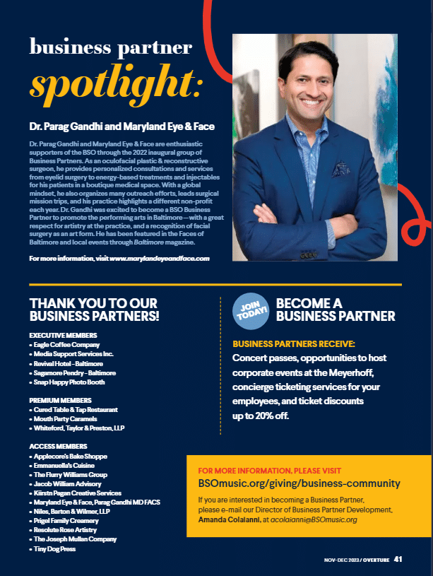 Business partner spotlight featuring Dr. Parag Gandhi, smiling in a blue suit. Text highlights business partnerships and member benefits.