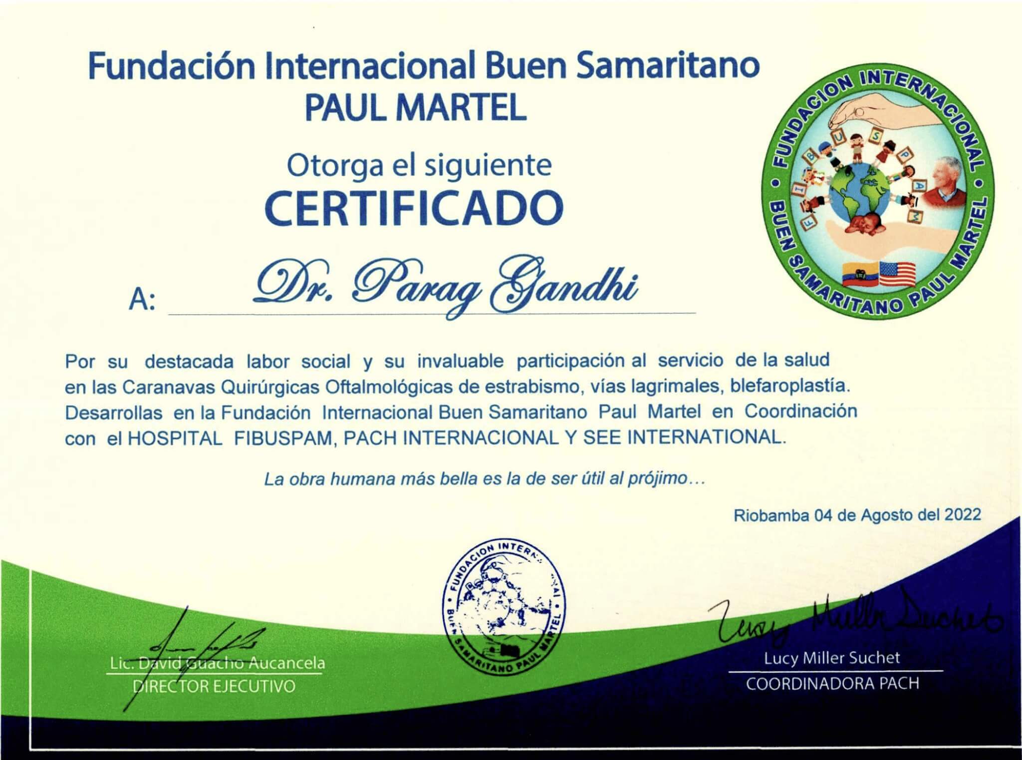 Spanish certificate from Fundación Internacional Buen Samaritano PAUL MARTEL awarded to Dr. Parag Gandhi on August 4, 2022, for social health work in ophthalmology.
