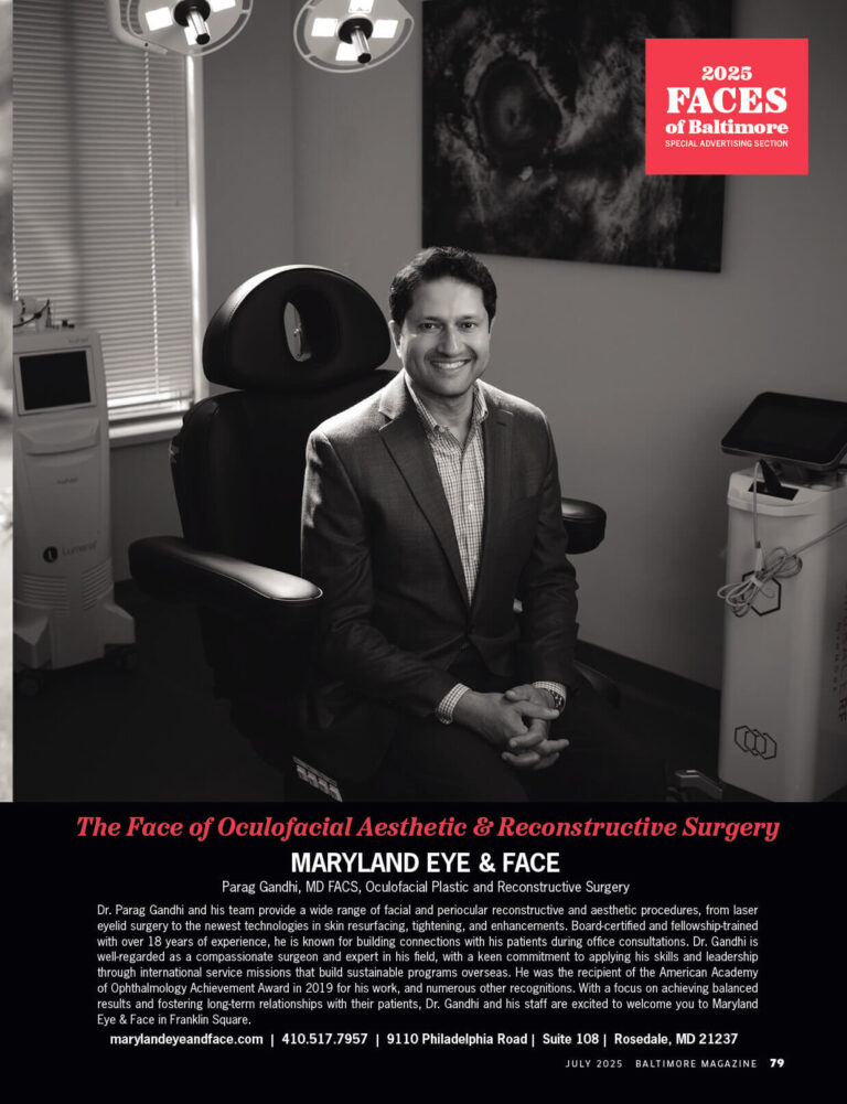 Dr. Parag Gandhi in a suit sits in a medical office with surgical lights. Text reads "2025 Faces of Baltimore" text on top; professional, inviting ambiance.