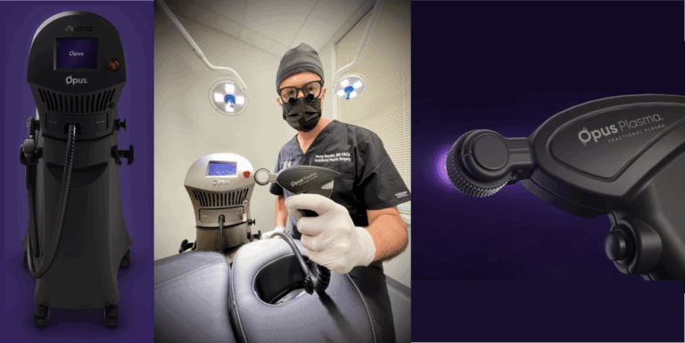 Dr. Parag Gandhi holds an Opus Plasma handpiece, framed by the device’s console and a spotlighting effect. The atmosphere is sterile and professional.