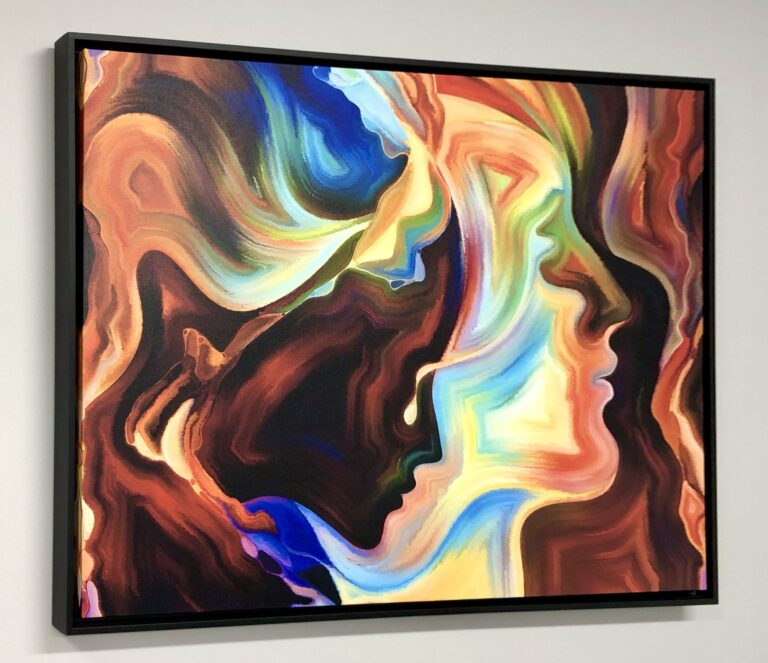 Abstract painting of two faces in profile, formed by swirling, vibrant colors including blue, orange, and yellow, conveying a sense of fluidity and emotion.